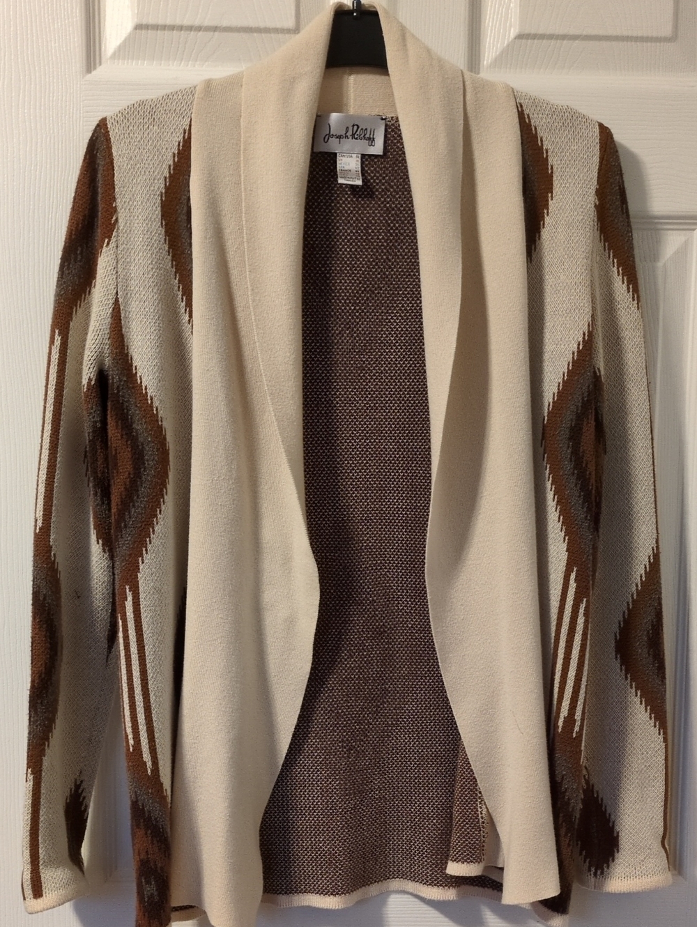 Joseph Ribkoff Cream and Brown Open-Front Shawl Collar Cardigan